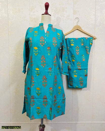 2 Pcs Unstitched Linen Block Printed Suit